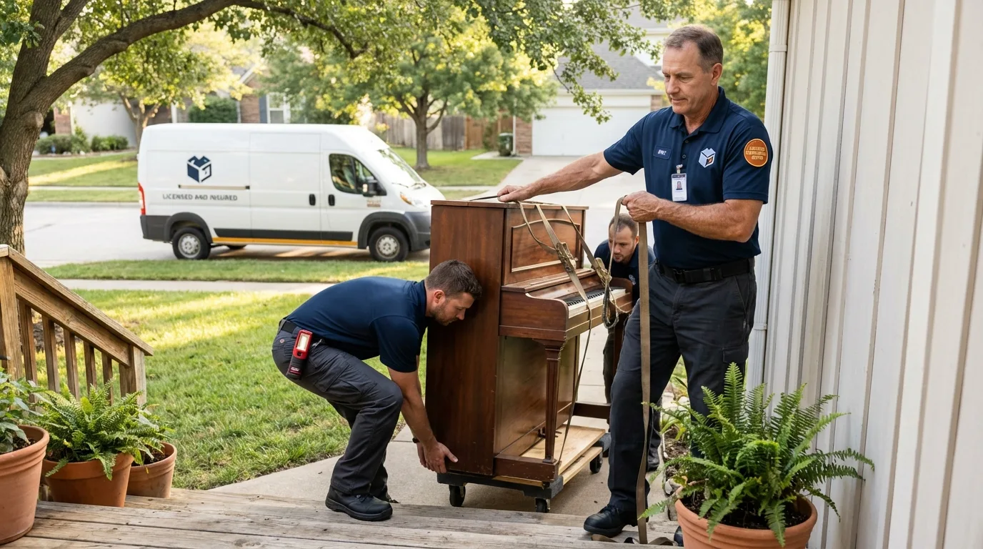 Licensed piano movers securing grand piano in Tobaccoville, NC