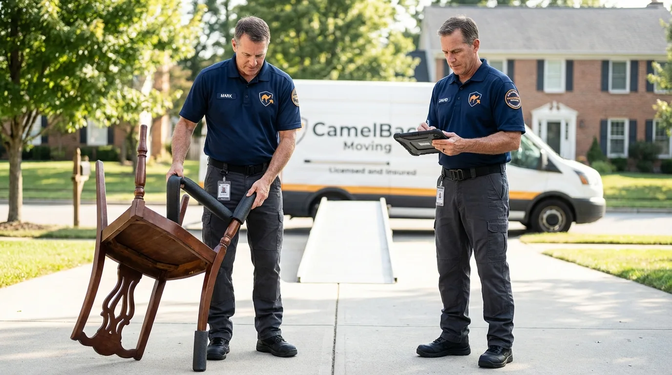 Movers inspecting furniture for damage prevention before loading in Tobaccoville, NC
