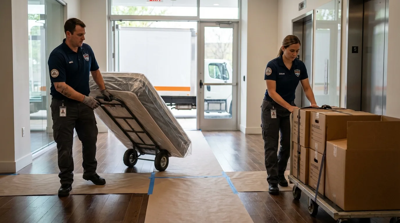 Professional apartment movers loading elevator in Tobaccoville, NC
